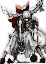  afterimage arugeri chains commentary_request female gourd horn_ornament horn_ribbon horns ibuki_suika monochrome photoshop_(medium) red_eyes ribbon serious solo spot_color touhou 