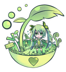  aqua_eyes aqua_hair bad_id bad_pixiv_id chibi clover detached_sleeves female four-leaf_clover garden green_theme hair_ribbon hatsune_miku heart komaki long_hair necktie plant ribbon sign skirt solo spring_onion twintails very_long_hair vocaloid watering_can 