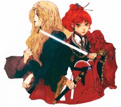  1boy bad_id bad_pixiv_id blonde_hair camayu chinese_clothes dress earrings female glowing hair_ornament hanfu hekisoujo_(juuni_kokuki) jewelry juuni_kokuki keiki_(juuni_kokuki) lips long_hair nakajima_youko red_hair scabbard sheath suiguutou_(juuni_kokuki) 