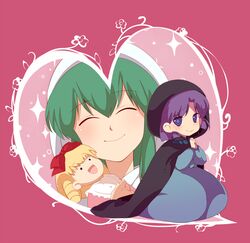  1boy ^_^ akazukin_chacha bad_id bad_pixiv_id cape closed_eyes doll elizabeth_(akazukin_chacha) female green_hair heart hood kinako_(moment) kneeling long_hair purple_eyes purple_hair seravi_(akazukin_chacha) smile yakko_(akazukin_chacha) 