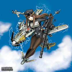  aircraft airplane bf_109 blue_eyes brown_hair commentary_request drum_magazine emerald_zone fei_(maidoll) female fingerless_gloves german_text gloves gun hat legs leotard lips long_hair machine_gun magazine_(weapon) mecha_musume military pantyhose peaked_cap photoshop_(medium) solo weapon 