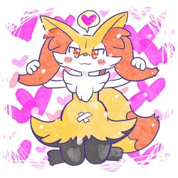  1:1 2026 :3 ambiguous_anthro ambiguous_gender annyui0611 anthro bandage_on_belly biped blush blush_stickers braixen canid closed_smile digital_drawing_(artwork) digital_media_(artwork) digitigrade dipstick_tail female front_view full-length_portrait generation_6_pokemon heart_symbol hi_res japanese_description kneeling looking_at_viewer mammal markings mouth_closed nintendo object_in_tail pictographics pokemon pokemon_(species) portrait pregnant pregnant_anthro pregnant_female simple_background smile snout solo speech_bubble stick stick_in_tail tail tail_markings translated_description 