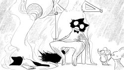  16:9 ambiguous_gender anthro bodily_fluids bow_tie chair clothing coat domestic_cat dragonweirdo empty_eyes felid feline felis furniture group gytras_(dragonweirdo) hi_res lab_coat laser_gun lying_on_ground mammal monochrome mouse murid murine on_ground ranged_weapon rodent sitting slumped smoke sweat topwear weapon widescreen 
