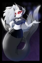  2026 anthro aquatic black_border black_bottomwear black_clothing black_skirt border bottomwear canid canid_demon canine clothed clothing collar demon female fully_clothed grey_clothing grey_hair grey_topwear hair hellaverse hellhound helluva_boss looking_at_viewer loona_(helluva_boss) mammal merfolk mermaidification mythological_canine mythological_creature mythology occult_symbol pentagram red_sclera skirt smile smiling_at_viewer solo spiked_collar spikes split_form symbol topwear white_body xy-merfox 