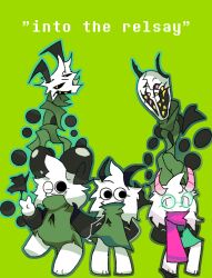  anthro bovid caprine clothing deltarune english_text female female/female goat green_background green_clothing hi_res horn male male/female male/male mammal mogesun monster multi_eye ralsei ralsei_(mogesun) relsay_(ralseipastries) simple_background square_crossover tail_of_hell_(deltarune) text undertale_(series) white_body 