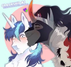  2022 armor artist_name black_body black_fur black_hair blue_hair blush blush_lines closed_eyes clothing crown digital_drawing_(artwork) digital_media_(artwork) duo english_text equid equine feral flustered friendship_is_magic fur ghoulhowls hair hasbro headgear heart_symbol hi_res horn king_sombra_(mlp) kiss_on_cheek kissing long_hair male male/male mammal my_little_pony mythological_creature mythological_equine mythology red_clothing red_robe robe shining_armor_(mlp) signature smile text unicorn unicorn_horn white_body white_fur 
