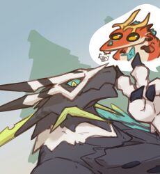  anthro black_body blackontrack cygames dragon duo green_eyes hi_res horn male male/male muscular muscular_anthro muscular_male mythological_creature mythological_scalie mythology red_body scalie shult_(world_flipper) simple_background wagner_(world_flipper) world_flipper yellow_eyes 