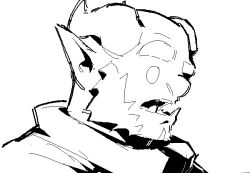  2024 2_horns aliasing binary_drawing black_and_white clothed clothed_humanoid clothed_male clothing digital_drawing_(artwork) digital_media_(artwork) empty_eyes eyebrows facial_hair front_view head_horn headshot_portrait horn humanoid humanoid_pointy_ears ior_(kingarthur_i) kingarthur_i line_art looking_aside male monochrome open_mouth pointy_ears portrait sideburns solo thick_eyebrows topwear tusks 