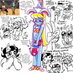  1:1 2026 alligator alligatorid anthro bikini biped blonde_hair blue_body blue_fur blush blush_lines blushing_profusely bodily_fluids bratty_(undertale) burgerpants catty_cattenheimer clothed clothing confusion crocodilian crossdressing crossdressing_male deltarune dialogue digital_drawing_(artwork) digital_media_(artwork) domestic_cat duo embarrassed english_description english_text felid feline felis female female_anthro flying_sweatdrops fur group hair hi_res human inner_monologue kris_dreemurr lagomorph leporid lightner long_hair male male/male male_anthro mammal multiple_images nicecream_man rabbit reference_image reptile sally_connor scalie shocked short_hair simple_background solo sparkles sparkling_eyes speech_bubble surprised sweat sweatdrop swimwear talking_to_another text thinking thought_bubble trio two-piece_swimsuit undertale undertale_(series) white_background 
