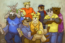  2014 anthro badger biped black_body black_fur black_nose brown_body brown_fur canid canine canis cheetah circles_(comic) clothing domestic_dog eyewear feet felid feline fur glasses group hat headgear headwear hug hugging_another hugging_from_behind humanoid_hands k-9 kangaroo macropod male male/male mammal marsupial mephitid mustelid musteline otter overweight overweight_male shirt sitting skunk smile standing topwear white_body white_fur 