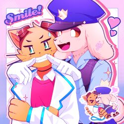  1:1 2026 anthro biped bird_dog black_nose black_stripes blue_dress_shirt blush blush_lines bodily_fluids canid canine canis chibi closed_eyes clothing coat dog_man_(character) dog_man_(series) domestic_cat domestic_dog duo english_text eyebrows eyewear eyewear_on_head face_lick felid feline felis floppy_ears fur gloves goggles goggles_on_head golden_retriever handwear heart_symbol hunting_dog interspecies lab_coat licking male male/male mammal neck_scar orange_body orange_fur pawpads petey_the_cat police police_hat police_officer police_uniform red_clothing red_topwear red_vest retriever scar smile standing striped_body striped_fur stripes sunnynoga sweat sweatdrop tail tail_motion tailwag tan_body tan_fur teeth text tongue topwear uniform vest white_clothing white_dress_shirt white_gloves white_handwear 