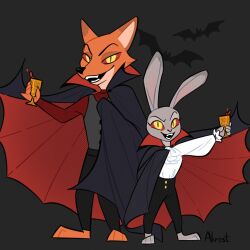 1:1 2023 akrost ambient_bat anthro artist_name barefoot black_bottomwear black_clothing black_pants blood bodily_fluids bottomwear canid canine cape clothed clothed_anthro clothed_female clothed_male clothing container cup disney duo european_rabbit fangs feet female fox fur goblet grey_background grey_body grey_clothing grey_fur grey_topwear grey_vest hi_res judy_hopps lagomorph larger_male leporid looking_at_viewer male mammal nick_wilde open_mouth open_smile orange_body orange_fur oryctolagus pants pupils rabbit red_clothing red_fox red_sclera red_shirt red_topwear shirt simple_background size_difference slit_pupils smaller_female smile teeth text topwear true_fox vampire vest white_clothing white_shirt white_topwear yellow_eyes zootopia 