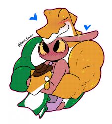  anthro bacon_sama blush candy closed_eyes crocodile crocodilian dessert duo evil_jax_(tadc) food food_creature glitch_productions gummigoo_(tadc) gummy_(food) gummy_creature heart_symbol hi_res hug hugging_another hugging_from_behind lagomorph larger_male leporid living_candy male mammal mouthless muscular muscular_male plushie rabbit reptile scalie size_difference smaller_male the_amazing_digital_circus wide_eyed 