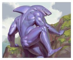  2024 ambiguous_gender anthro aquatic ass back_groove biped border cliff cloud day digital_drawing_(artwork) digital_media_(artwork) dorsal_fin empty_eyes fin fish grey_eyes grey_sky hi_res kingarthur_i looking_at_viewer monotone_body nude nude_ambiguous nude_anthro open_mouth outside plantigrade portrait pose purple_body rock shark sharp_teeth side_view sky snout solo tailless teeth three-quarter_portrait water white_border 