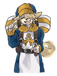  2026 3:4 5_fingers :3 alternate_species anthro backpack bangs belt_buckle biped blonde_hair buckle canid canine canis claws closed_eyes clothing colored digital_drawing_(artwork) digital_media_(artwork) domestic_dog ears_down facial_tuft fingers fluffy fluffy_tail fur furrification gesture hair hair_over_eye hand_gesture happy hat headgear headwear hi_res long_bangs male male_anthro mammal one_eye_obstructed open_mouth open_smile pivoted_ears portrait pose robe sa_ma_yo shaded shout side_bangs simple_background smile smiling_at_viewer soft_shading solo tail three-quarter_portrait tuft volo_(pokemon) yellow_body yellow_fur 