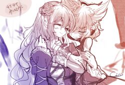  2girls ^_^ bad_id bad_pixiv_id bracelet cis_(carcharias) closed_eyes earmuffs flower hair_flower hair_ornament hijiri_byakuren hug jewelry long_hair monochrome multiple_girls short_hair smile touhou toyosatomimi_no_miko 