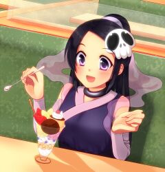  :d bare_shoulders black_hair blush ce11wa cherry commentary_request detached_sleeves elysia_de_lute_ima female food fruit hair_ornament holding holding_spoon ice_cream kami_nomi_zo_shiru_sekai long_hair open_mouth pudding purple_eyes shawl sitting skull_hair_ornament smile spoon strawberry 