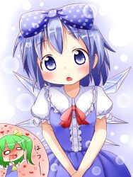  2girls blood blue_eyes blue_hair blush bow cirno commentary_request daiyousei dress female_pervert green_hair hairbow heart highres makuran multiple_girls nosebleed oerba_yun_fang pervert polka_dot short_hair touhou wings 