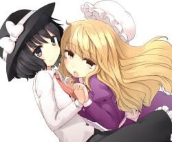  2girls :o black_eyes black_hair blonde_hair commentary_request hat hat_ribbon holding_hands hota interlocked_fingers long_hair maribel_hearn multiple_girls necktie ribbon shirt short_hair simple_background smile touhou unworn_hat unworn_headwear usami_renko white_background white_shirt yellow_eyes 