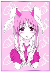  animal_ears bad_id bad_pixiv_id blush breasts carrot cleavage female from_above ikuya_koimori long_hair looking_at_viewer medium_breasts monochrome necktie parted_lips perspective pink_theme rabbit_ears reisen_udongein_inaba sitting solo touhou wariza 