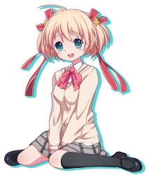  ahoge bad_id bad_pixiv_id blonde_hair blue_eyes bow female hair_ribbon kamikita_komari little_busters! o-sd! pink_bow plaid plaid_skirt ribbon school_uniform short_hair sitting skirt solo twintails wariza 