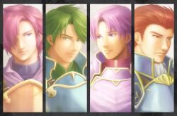  4boys armor column_lineup commentary_request fire_emblem fire_emblem:_mystery_of_the_emblem green_eyes green_hair hair_over_one_eye kinoeneko male_focus multiple_boys pink_eyes pink_hair purple_eyes red_eyes red_hair roshea_(fire_emblem) sedgar_(fire_emblem) short_hair vyland_(fire_emblem) wolf_(fire_emblem) 