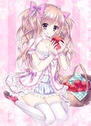  :q apple bad_id bad_pixiv_id basket bow breasts cleavage dress female food fruit hairbow highres holding long_hair looking_at_viewer medium_breasts original pink_eyes pink_hair sitting solo sorai_shin&#039;ya thighhighs tongue tongue_out twintails wariza white_thighhighs wrist_cuffs 