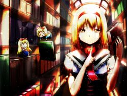  alice_margatroid blonde_hair book bookshelf commentary_request dress female finger_to_mouth grimoire grimoire_of_alice grin hair_ribbon hairband koma_(wsgtt1300) library orange_eyes ribbon shanghai_doll smile solo touhou 