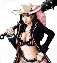  alvida_(one_piece) belt blue_eyes blue_hair bra breasts cleavage club_(weapon) commentary_request cowboy_hat female hat hat_ornament jimno kanabou large_breasts long_hair one_piece pirate_costume solo spiked_club striped_bra striped_clothes underwear weapon 