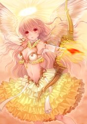  aiming angel arrow_(projectile) bad_id bad_pixiv_id bow_(weapon) breasts cleavage elbow_gloves female frilled_skirt frills gloves halo holding lips long_hair medium_breasts navel original pink_hair red_eyes skirt solo tamaki_mitsune too_many too_many_frills weapon white_wings wings 