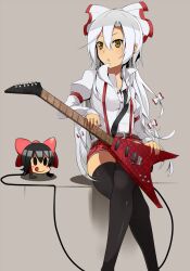  :o belt black_thighhighs bow brown_eyes cable commentary_request crossed_legs earrings electric_guitar female fujiwara_no_mokou grey_background guitar hairbow hakurei_reimu haseneko highres instrument jewelry long_hair red_bow red_shorts short_shorts shorts simple_background sitting skindentation solo suspenders thighhighs touhou very_long_hair white_hair yukkuri_shiteitte_ne 