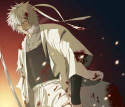  1boy blood commentary_request gb_(doubleleaf) gintama headband japanese_clothes joui katana male_focus messy_hair photoshop_(medium) red_eyes sakata_gintoki solo sword weapon white_hair 