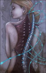  brown_hair cables closed_eyes cyborg dissection female long_hair metal scar spine 