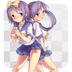  2girls back-to-back bad_id bad_pixiv_id blue_eyes bow bowtie hiiragi_kagami hiiragi_tsukasa long_hair lucky_star m_kimi multiple_girls purple_hair ryouou_school_uniform school_uniform serafuku short_hair siblings sisters twins yellow_bow yellow_bowtie 