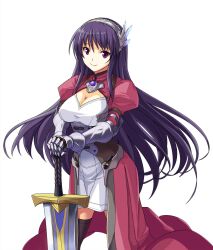  bad_id bad_pixiv_id breasts cleavage commentary_request female gauntlets hairband hands_on_hilt highres juliet_sleeves large_breasts long_hair long_sleeves minazuki_(karashikazoku) original puffy_sleeves purple_eyes purple_hair smile solo sword thighhighs weapon 