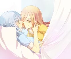  2girls :p bed binbougami_ga! blonde_hair blush commentary_request couple eye_contact green_eyes grey_hair hand_on_another&#039;s_cheek hand_on_another&#039;s_face hinagi_(fox_priest) long_hair looking_at_another lying momiji_(binbougami_ga!) multiple_girls open_mouth photoshop_(medium) sakura_ichiko short_hair sweat tongue tongue_out yellow_eyes you_gonna_get_raped yuri 