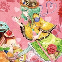  boots cake carnation cherry commentary_request eating female flower food frills fruit green_eyes green_hair heart heart_of_string ice_cream komeiji_koishi open_mouth pantyhose pastry photoshop_(medium) pocky sakurai_haruto skirt solo spoon sprinkles strawberry_pocky striped_clothes striped_pantyhose third_eye touhou vertical-striped_clothes vertical-striped_pantyhose waffle whipped_cream wide_sleeves 