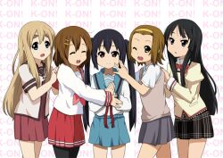  5girls akiyama_mio alternate_costume black_eyes black_hair blonde_hair blue_eyes blue_sailor_collar blue_skirt brown_eyes brown_hair closed_eyes commentary cosplay hairband hirasawa_yui k-on! kita_high_school_uniform kotobuki_tsumugi long_hair lucky_star mahou_shoujo_madoka_magica mahou_shoujo_madoka_magica_(anime) mitakihara_school_uniform multiple_girls nakano_azusa nanamori_school_uniform pantyhose paplikaling ryouou_school_uniform sailor_collar school_uniform serafuku short_hair skirt summer_uniform suzumiya_haruhi_no_yuuutsu sweater_vest tainaka_ritsu toaru_kagaku_no_railgun toaru_majutsu_no_index tokiwadai_school_uniform twintails winter_uniform yuru_yuri 