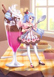  angel_wings blue_hair chocolate commentary_request female food frills full_body hair_ornament hairclip heart holding jewelry lace lace-trimmed_legwear lace_trim lolita_fashion long_hair mini_person minigirl original parfait pink_eyes plaid ring saban shoes side_ponytail spoon standing star_(symbol) striped sweets thighhighs waffle white_legwear window wings wrist_cuffs zettai_ryouiki 