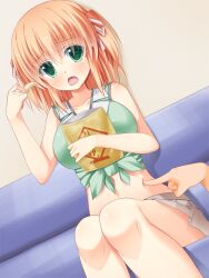  asa_no_ha_(awayuki) blush breasts chips_(food) collarbone commentary_request female food green_eyes hair_ribbon holding large_breasts long_hair open_mouth orange_hair original photoshop_(medium) poking potato_chips ribbon short_twintails sitting skirt twintails 