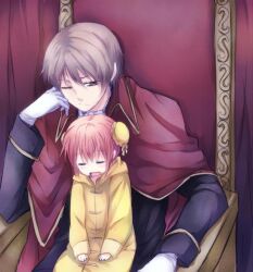  1boy aged_down brown_hair bun_cover cape commentary_request double_bun female gintama gloves hair_bun kagura_(gintama) lolicon maruki_(punchiki) okita_sougo one_eye_closed orange_hair raincoat red_eyes short_hair sitting sitting_on_lap sitting_on_person sleeping throne time_paradox white_gloves yellow_raincoat 