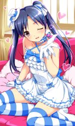  ;d blue_hair blush bow breasts brown_hair cleavage commentary_request couch female flat_chest gloves hand_up hat heart idol idol_clothes idolmaster idolmaster_(classic) idolmaster_cinderella_girls kisaragi_chihaya lolita_fashion long_hair looking_at_viewer nomura_teruya one_eye_closed open_mouth pillow seiza shiny_skin sitting smile solo striped_clothes striped_thighhighs thighhighs twintails 