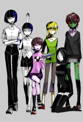  4boys bad_id bad_pixiv_id banned_artist black_hair blonde_hair brochimanacu brown_hair crossed_arms crossed_legs extra_arms green_shirt green_skin grey_background knife madotsuki monoe monoko multiple_boys multiple_girls pink_shirt poniko ponytail rule_63 sekomumasada_sensei shirt shitaisan shorts sitting skirt thighhighs yume_nikki 