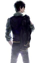  1boy bad_id bad_pixiv_id black_eyes black_hair cigarette feiqiuxuan from_behind gintama highres hijikata_toushirou jacket jacket_over_shoulder male_focus photoshop_(medium) solo unworn_jacket vest waistcoat 