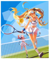  2girls :d absurdres ball bare_shoulders blonde_hair demon_tail demon_wings halterneck highres horns long_hair midriff multiple_girls open_mouth original photoshop_(medium) ponytail racket red_eyes red_hair scan skirt smile socks sportswear tail tennis tennis_ball tennis_net tennis_racket tennis_uniform twintails vofan white_legwear wings wristband yellow_eyes 