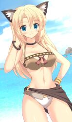  2boys animal_ears bikini blonde_hair blue_eyes bracelet brown_sarong cat_ears commentary_request fantasy_earth fantasy_earth_zero female hizuki_aki jewelry long_hair multiple_boys navel ocean sarong scout_(fantasy_earth) scout_(lakota_outfit)_(fantasy_earth_zero) swimsuit 