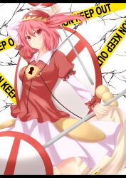  commentary_request female hair_bobbles hair_ornament hat highres kawashiro_mitori kokubun_(akikawaship) layered_sleeves lock original pink_hair red_eyes road_sign short_hair side_ponytail sign skirt smile solo touhou 