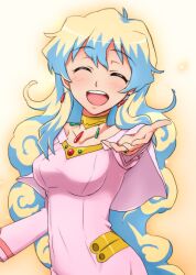  aged_up commentary_request dress female happy jewelry long_hair multicolored_hair nia_teppelin outstretched_hand pink_dress solo supinosu tengen_toppa_gurren_lagann two-tone_hair 