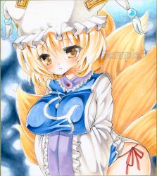  animal_ears blonde_hair blush breasts brown_eyes commentary_request covered_nipples female fox_ears hands_in_opposite_sleeves hat large_breasts looking_at_viewer panties purplepencil sample_watermark short_hair side-tie_panties solo tabard touhou traditional_media underwear watermark yakumo_ran 