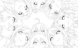  2boys 6+girls ahoge edagawa_nozomi from_below greyscale highres kiba_mifuyu koi_to_senkyo_to_chocolate line_art monochrome monzennaka_kii morishita_michiru multiple_boys multiple_girls non-web_source oojima_yuuki sarue_ai shinonome_hazuki sumiyoshi_chisato yumeshima_oboro 